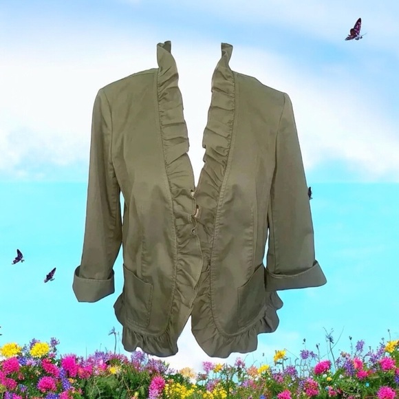 Jackets & Blazers - Talbots Olive Army Green Ruffle Jacket Excellent Condition Size 10 Petite